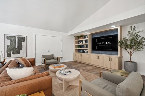 a living room with couches and chairs and a television