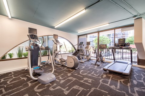 A gym with a variety of equipment including treadmills, elliptical machines, and weights.