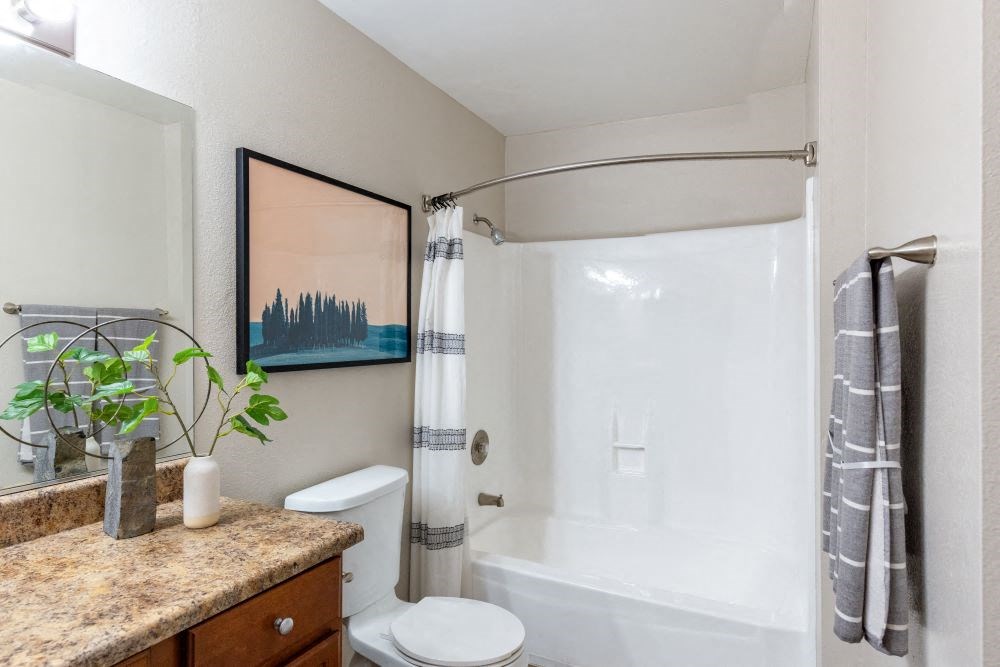 A bathroom with a toilet, sink, and shower.