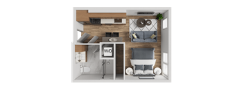 A modern living room with a grey sofa and a wooden wall.