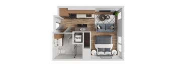 A 3D floor plan of a small apartment with a living room, kitchen, and bathroom.
