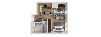A top-down view of a living room with a couch, a TV, and a fireplace.