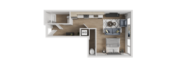 A top-down view of a room with a bed, a couch, and a television.