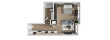 A top-down view of a small apartment with a bed, desk, and kitchenette.