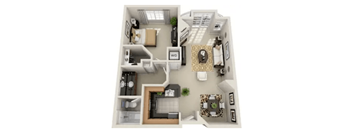 A 3D floor plan of a house with a living room, kitchen, and two bedrooms.