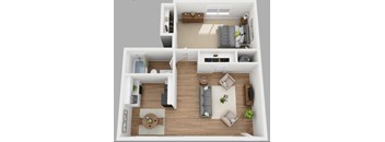 A 3D floor plan of a small apartment with a living room, kitchen, and bathroom.