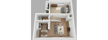 A 3D floor plan of a small apartment with a kitchen, living room, and bedroom.