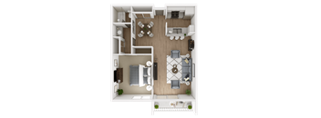 A top-down view of a small apartment with a living room, kitchen, and bathroom.