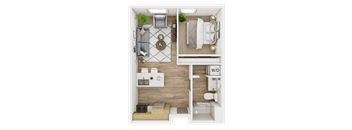 A top-down view of a small apartment layout with a living room, kitchen, and bathroom.