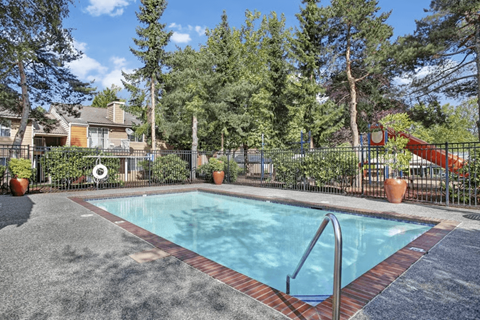 A small pool surrounded by a fence and trees.