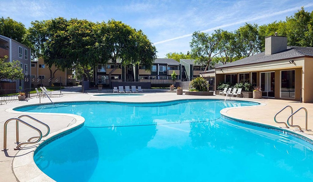 Bidwell Park Fremont pool area with lounge chairs