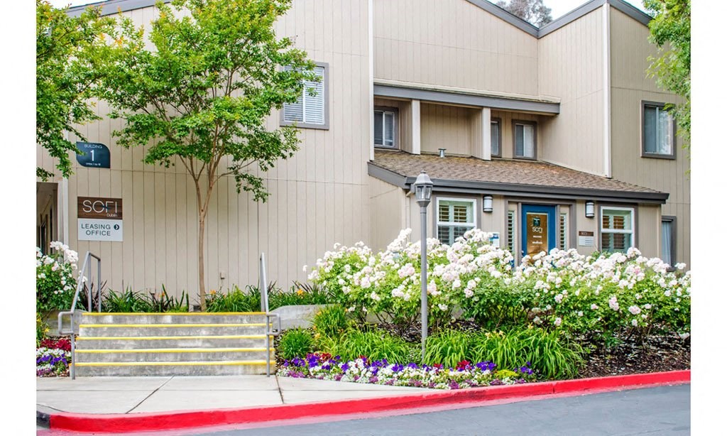 the front of a building with a sidewalk and flowering plants