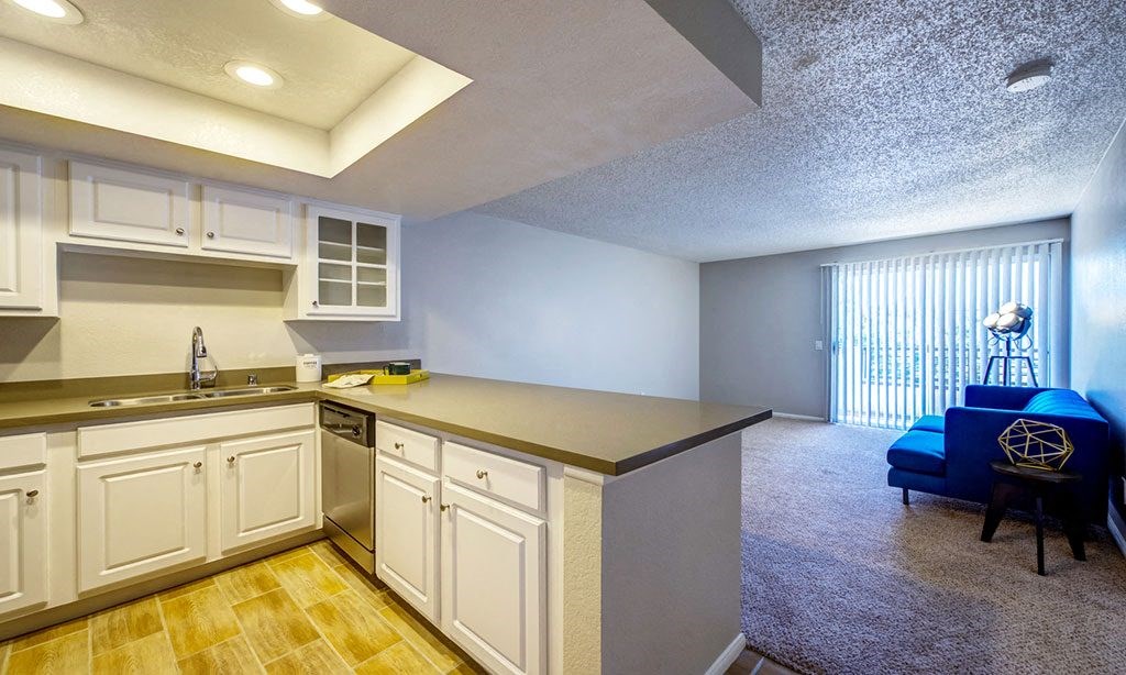 a kitchen and living room with a sink and a window