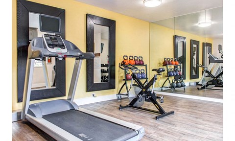 a gym with a treadmill and a tv on the wall