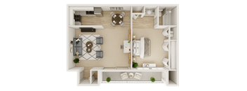 A top-down view of a small apartment with a living room, kitchen, and bathroom.