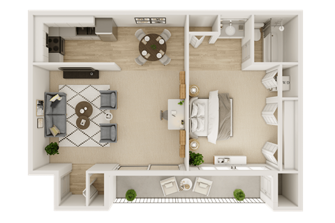 A top-down view of a small apartment with a living room, kitchen, and bathroom.