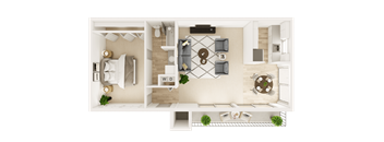 A top-down view of a house layout with a living room, kitchen, dining area, and bathroom.