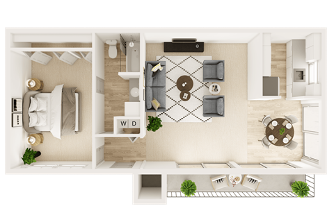 A top-down view of a house layout with a living room, kitchen, dining area, and bathroom.