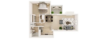 A 3D floor plan of a small apartment with a bedroom, living room, and kitchen.