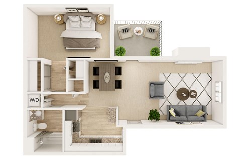 A 3D floor plan of a small apartment with a bedroom, living room, and kitchen.