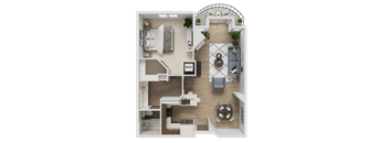 A top-down view of a well-organized apartment layout with a living area, kitchen, and bedrooms.