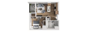 A 3D floor plan of a house with a kitchen, living room, and bedrooms.