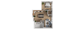 A top-down view of a modern apartment layout with a kitchen, living room, and bedroom.