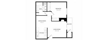 A floor plan of a small apartment with a living room, dining room, kitchen, and two bedrooms.