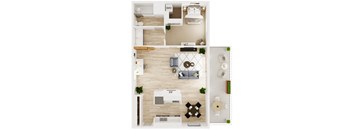 a bedroom with a bed and a mirror