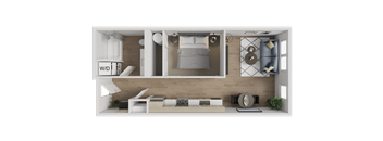 A modern bedroom with a bed, nightstand, and a wall-mounted shelf.