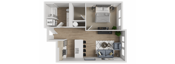 A top-down view of a modern apartment layout with a living room, kitchen, and bedroom.