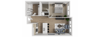 A top-down view of a modern living room with a grey sofa, a white coffee table, and a TV.