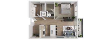 A modern apartment layout with a living room, kitchen, and bedroom.