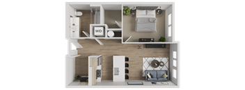 A modern living room with a grey sofa and a black and white geometric wall art.