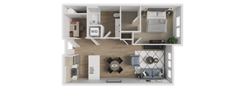 A top-down view of a small apartment with a kitchen, living room, and bedroom.