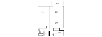 A floor plan of a house with a balcony, bedroom, living room, dining room, kitchen, and closet.