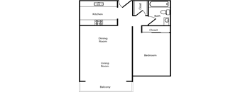 A floor plan of a house with a kitchen, living room, dining room, bedroom, and balcony.