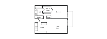 A floor plan of a living space showing a kitchen, two closets, a bath, and a bedroom.