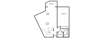 A floor plan of a house with a living room, dining room, kitchen, closet, bath, and bedroom.