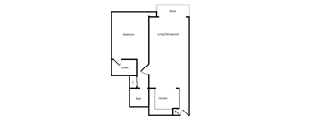 A floor plan of a house with a bedroom, bathroom, closet, kitchen, and living/dining room.
