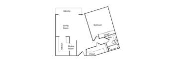 A floor plan of a house with a living room, dining room, kitchen, bedroom, bathroom and closet.