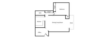 A floor plan of a house with a bedroom, a bath, a kitchen, a dining/living room, a deck, and an office.