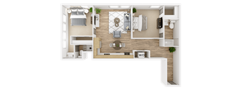 A top-down view of a small apartment layout with a kitchen, living room, and bathroom.