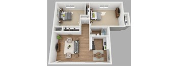 A 3D floor plan of a two-bedroom apartment with a living room, kitchen, and bathroom.