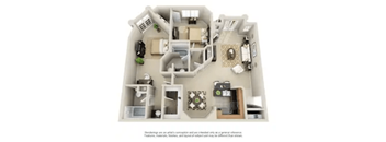 A 3D floor plan of a house with furniture and appliances.