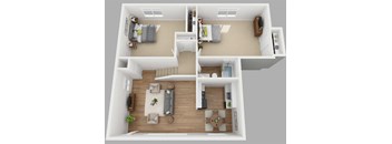 A 3D floor plan of a modern apartment with a living room, kitchen, and two bedrooms.