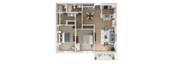 A 3D floor plan of a house with a kitchen, living room, dining room, and two bedrooms.