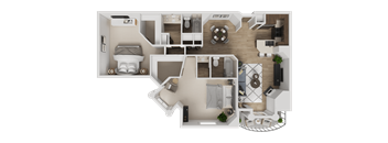 A top-down view of a house layout with a kitchen, living room, and bedrooms.