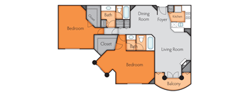 A diagram of a house layout with labeled rooms such as Bedroom, Bath, Dining Room, Kitchen, Living Room, and Balcony.