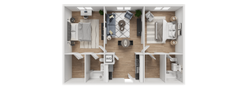 A top-down view of a well-organized apartment with a living room, kitchen, and two bedrooms.
